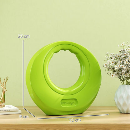 The green kettlebell has a wide handle and a flat base, shown with dimensions