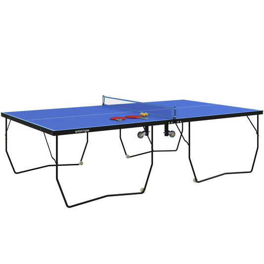 SPORTNOW 9FT Folding Tennis Table set up with net, paddles and balls