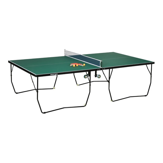 SPORTNOW 9FT Folding Tennis Table, a green table with a net and paddles on top