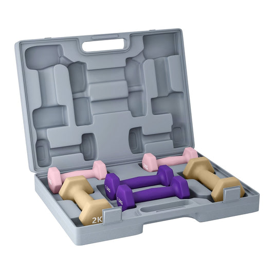 SPORTNOW 9kg Hex Dumbbells Set of 6 in a grey carry case with 2kg beige, 1.5kg purple and 1kg pink dumbbells