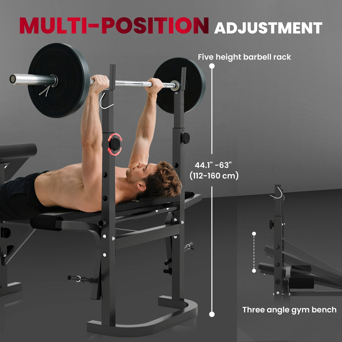 The weight bench showing the adjustable barbell rack height and backrest angle positions