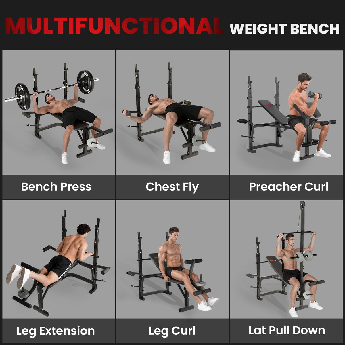 Six panels showing a man using the weight bench for various different strength exercises