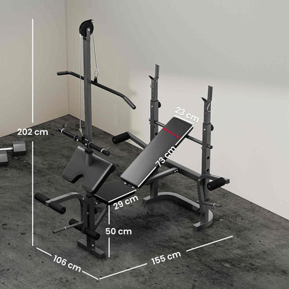 The weight bench shown from a high angle with white lines indicating its dimensions