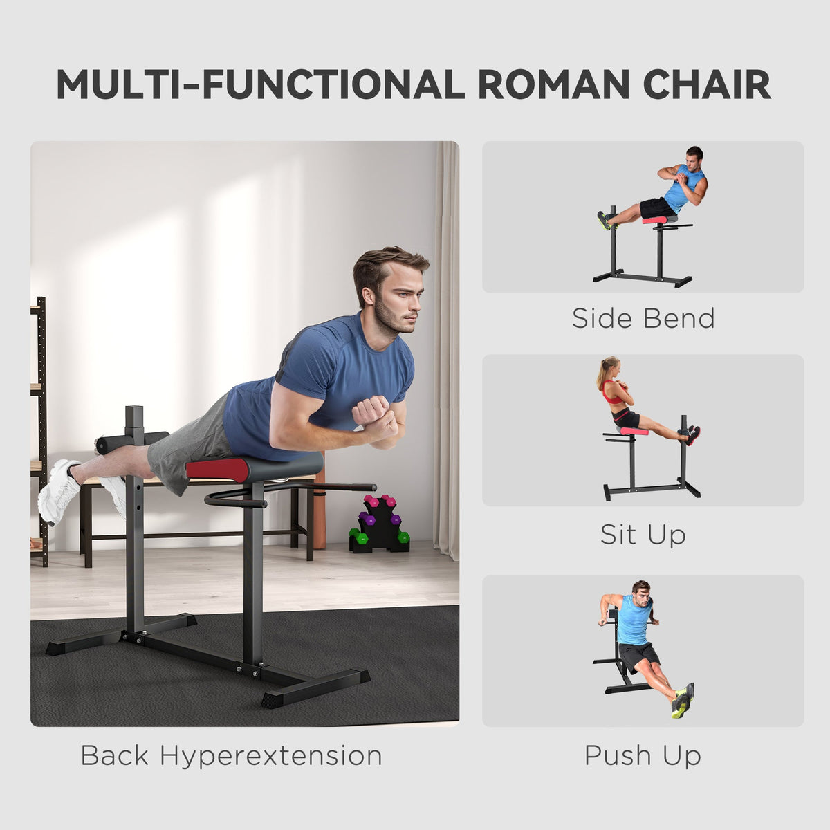 Multi-functional Roman chair demonstrating back extension, side bend, sit up, and push up exercises