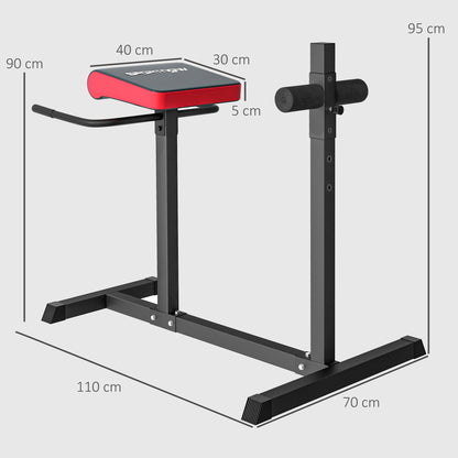 Back extension bench with dimensions shown for length, width, and height