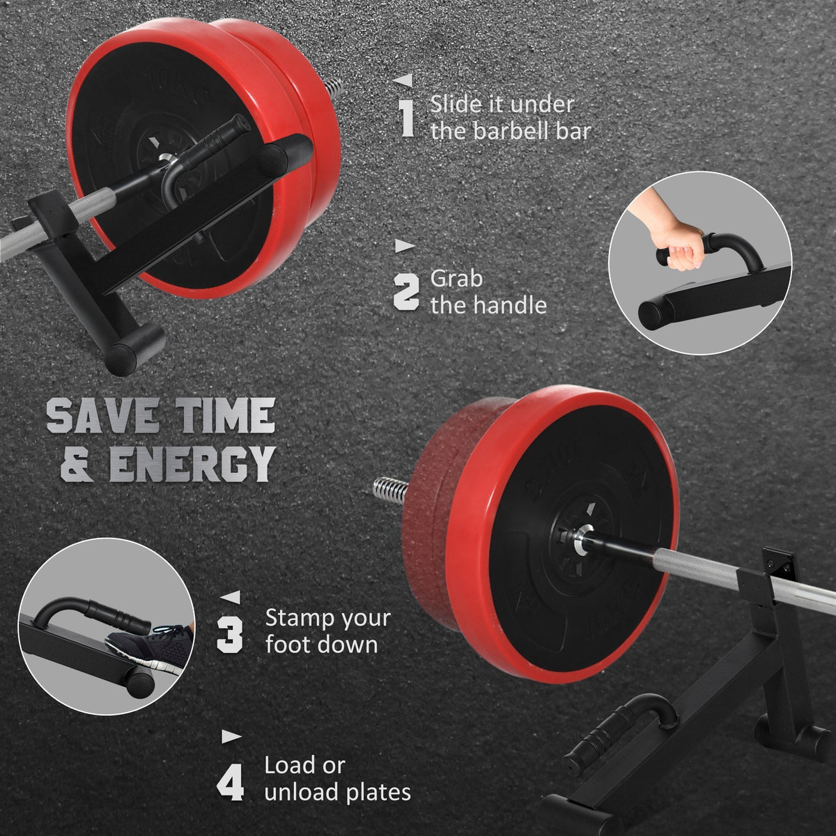 the barbell jack showing four steps for loading and unloading weight plates