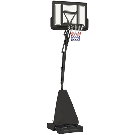 SPORTNOW 245-305cm Adjustable Basketball Hoop and Stand, a black backboard with a red and blue net on a stand with wheels