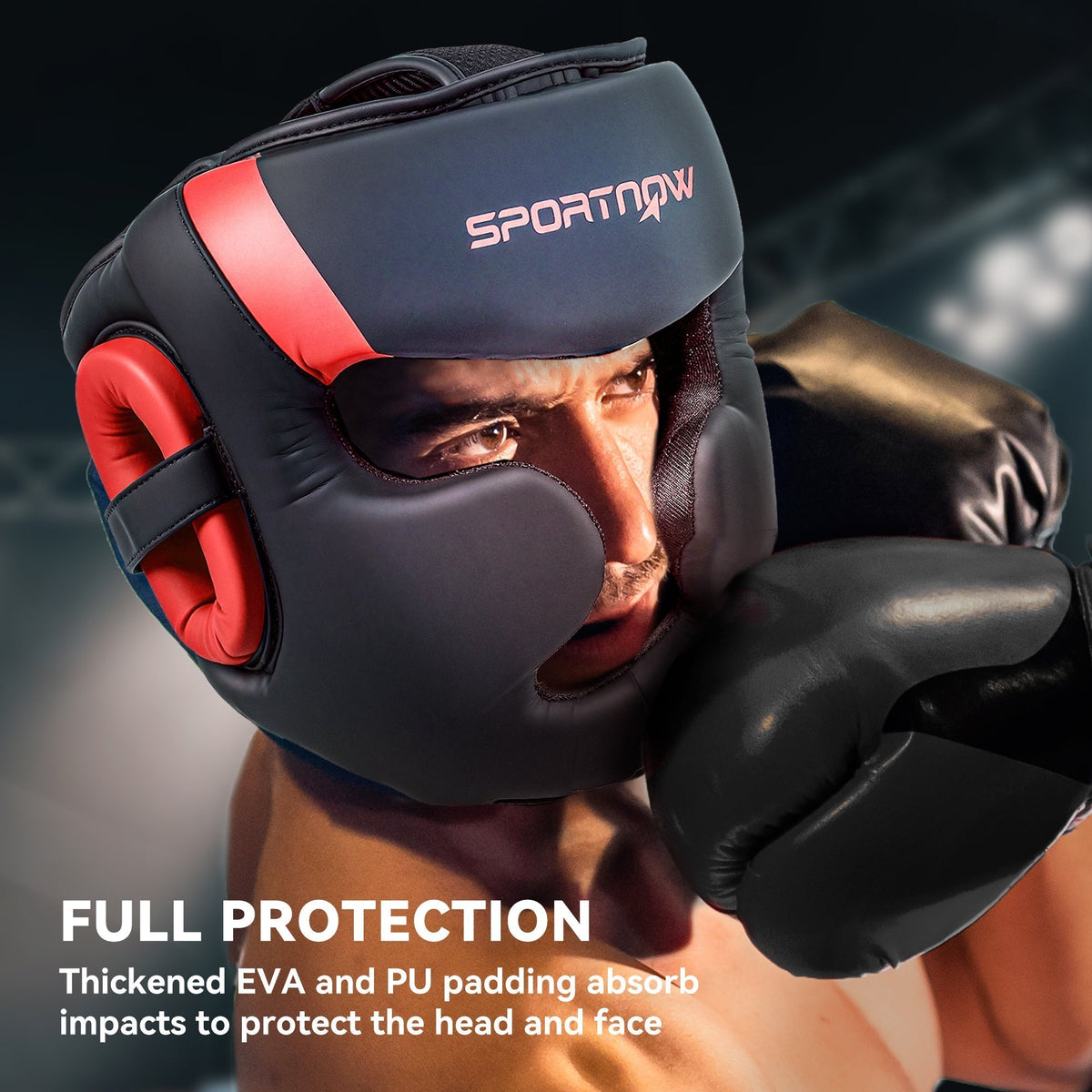 the boxing headguard worn by a fighter in a ring with text highlighting protective padding