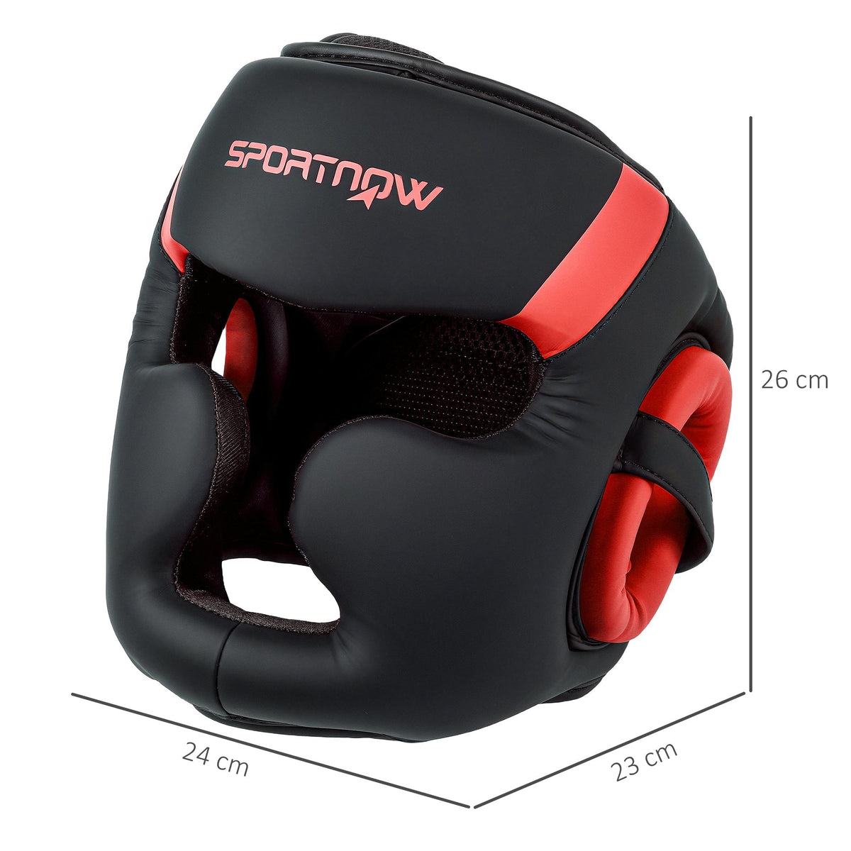 the boxing headguard shown with dimension lines indicating its height, width and depth