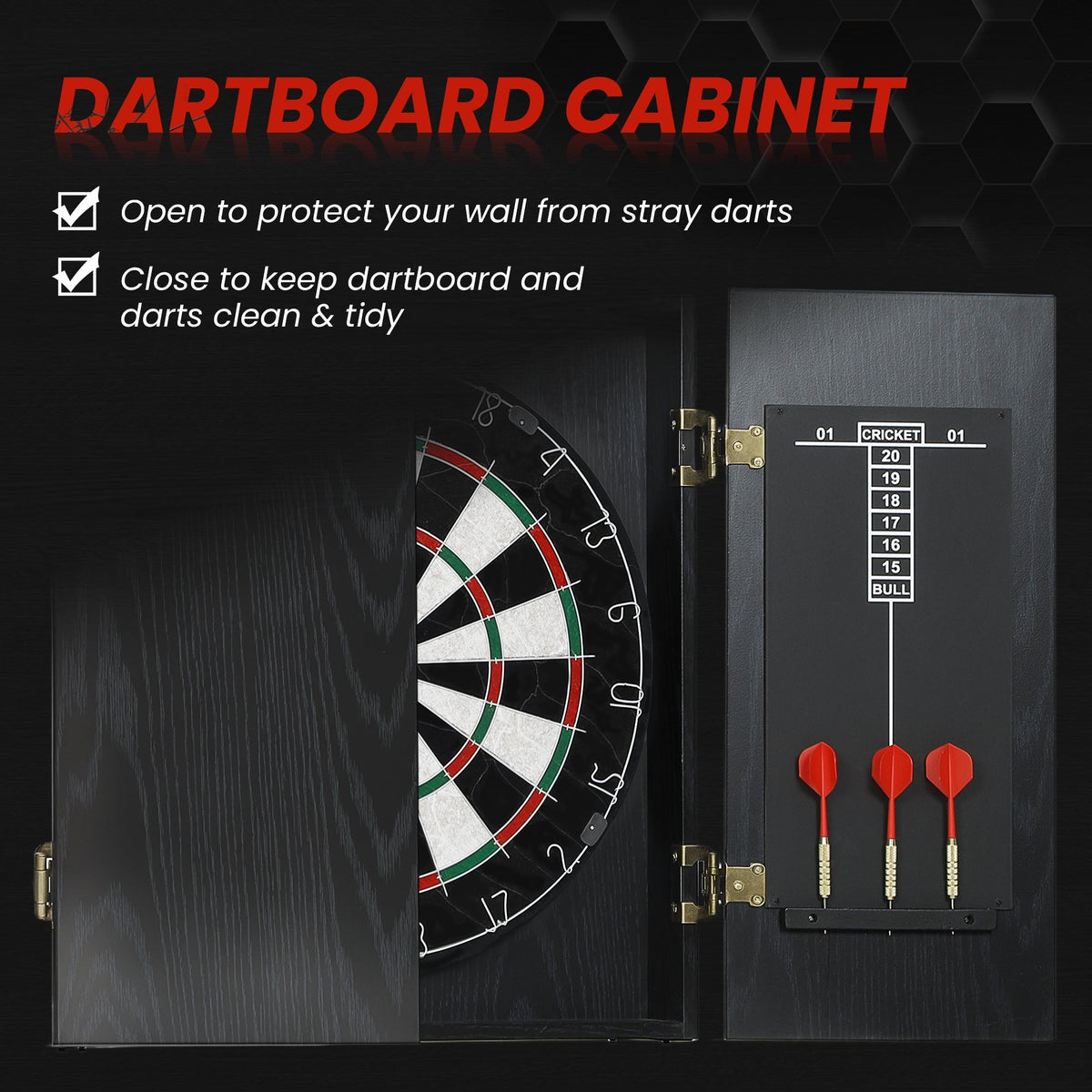 Dartboard cabinet open showing scoring boards and steel tip darts