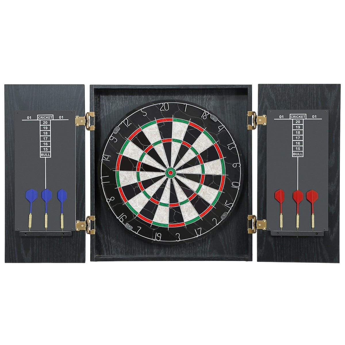 SPORTNOW Bristle Dartboard with Cabinet, a bristle dartboard with a black cabinet open showing scoring boards and darts