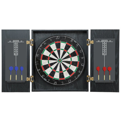 SPORTNOW Bristle Dartboard with Cabinet, a bristle dartboard with a black cabinet open showing scoring boards and darts
