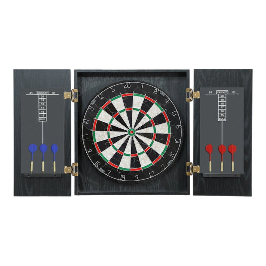 SPORTNOW Bristle Dartboard with Cabinet, a bristle dartboard with a black cabinet open showing scoring boards and darts