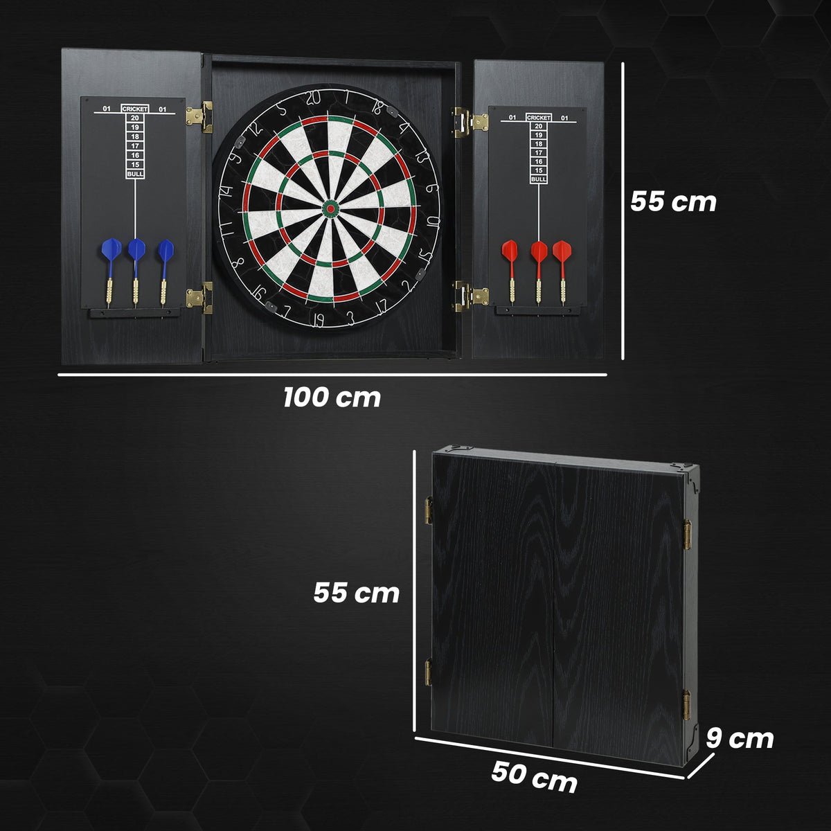 A bristle dartboard with cabinet showing dimensions and closed cabinet
