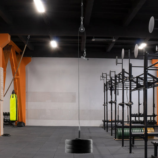 the cable pulley system suspended from a ceiling mount in a gym with weights attached