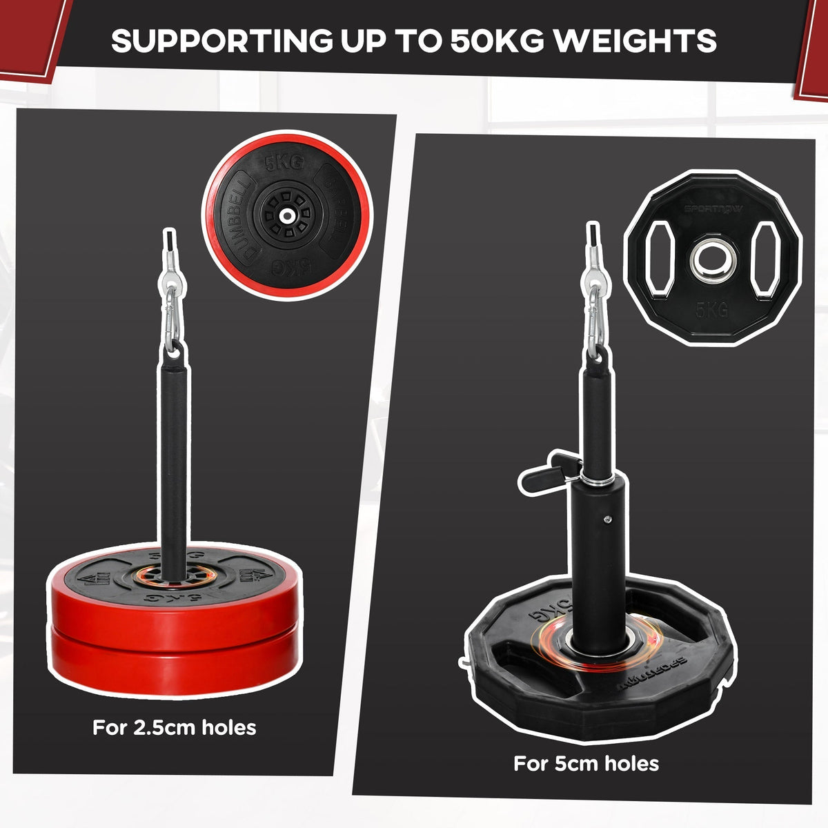 the loading pin shown with different weight plates to demonstrate compatibility