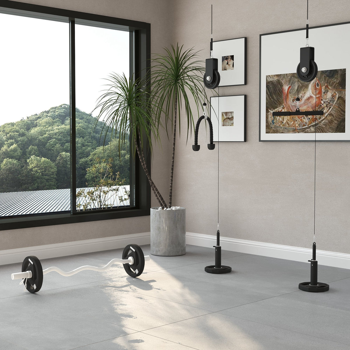 the cable pulley system installed in a bright home gym room with a window