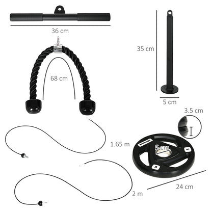 the fitness equipment showing dimensions for the bar, rope, and weight plate