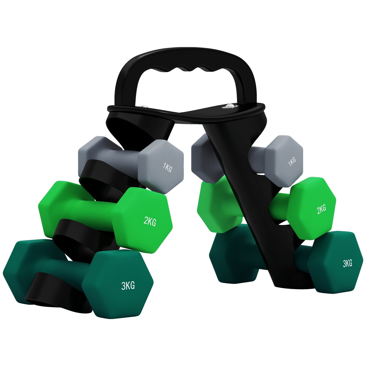 SPORTNOW Dumbbells Set with Storage Rack featuring three pairs of colourful weights on a stand