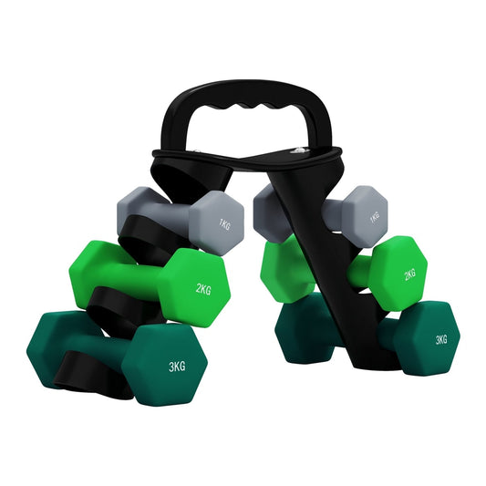 SPORTNOW Dumbbells Set with Storage Rack featuring three pairs of colourful weights on a stand