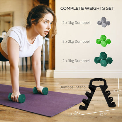 the weights set showing the individual pieces and the storage rack with measurements