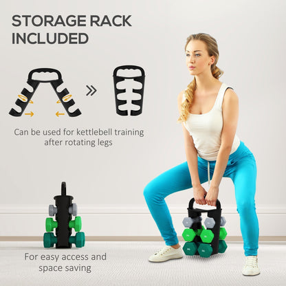 the storage rack demonstrating how it can be used for kettlebell training exercises