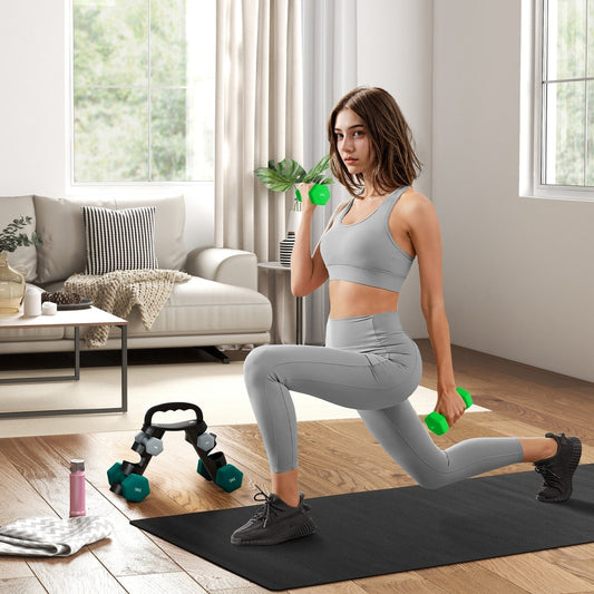 Woman exercising with dumbbells in a living room setting