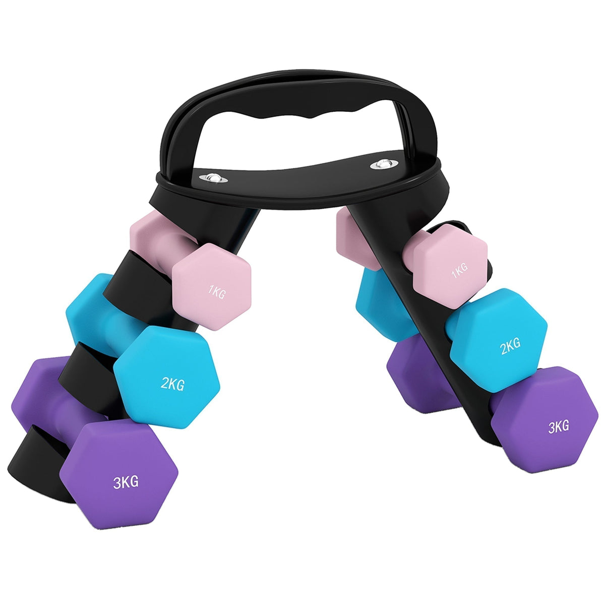 SPORTNOW Dumbbells Set with Storage Rack, showing the rack holding pink, blue and purple dumbbells