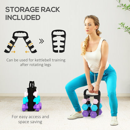 Woman holding the dumbbell rack, with text about storage and versatility