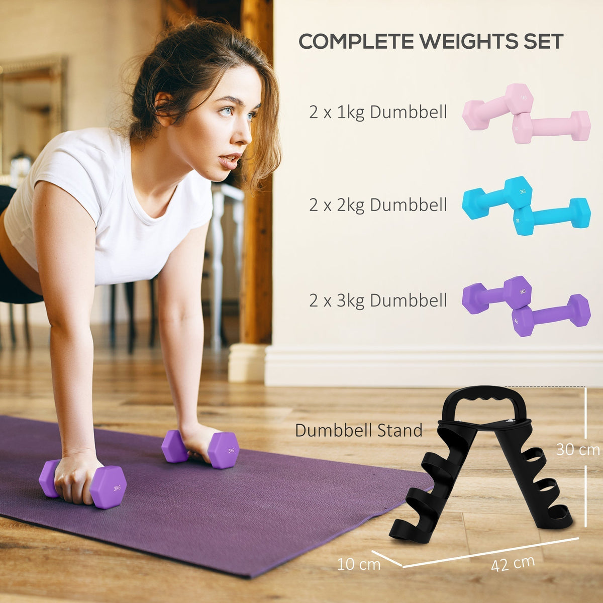 Woman on a yoga mat holding dumbbells, with a diagram showing the weights included