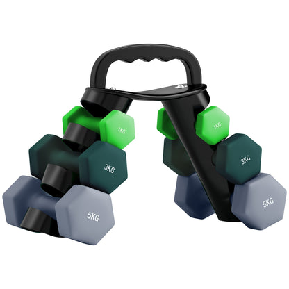SPORTNOW Dumbbells Set with Storage Rack showing the dumbbells arranged on their black rack