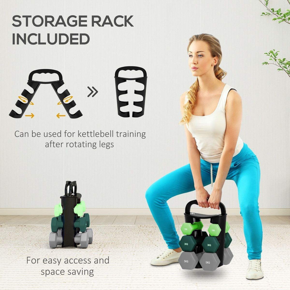 Woman holding the dumbbell rack with dumbbells in a room, showing storage rack features