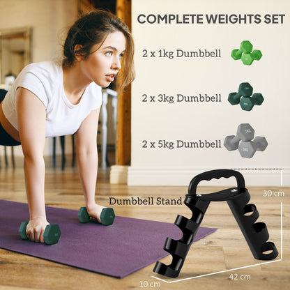 Woman holding green dumbbells next to a diagram of the complete weights set and dumbbell stand