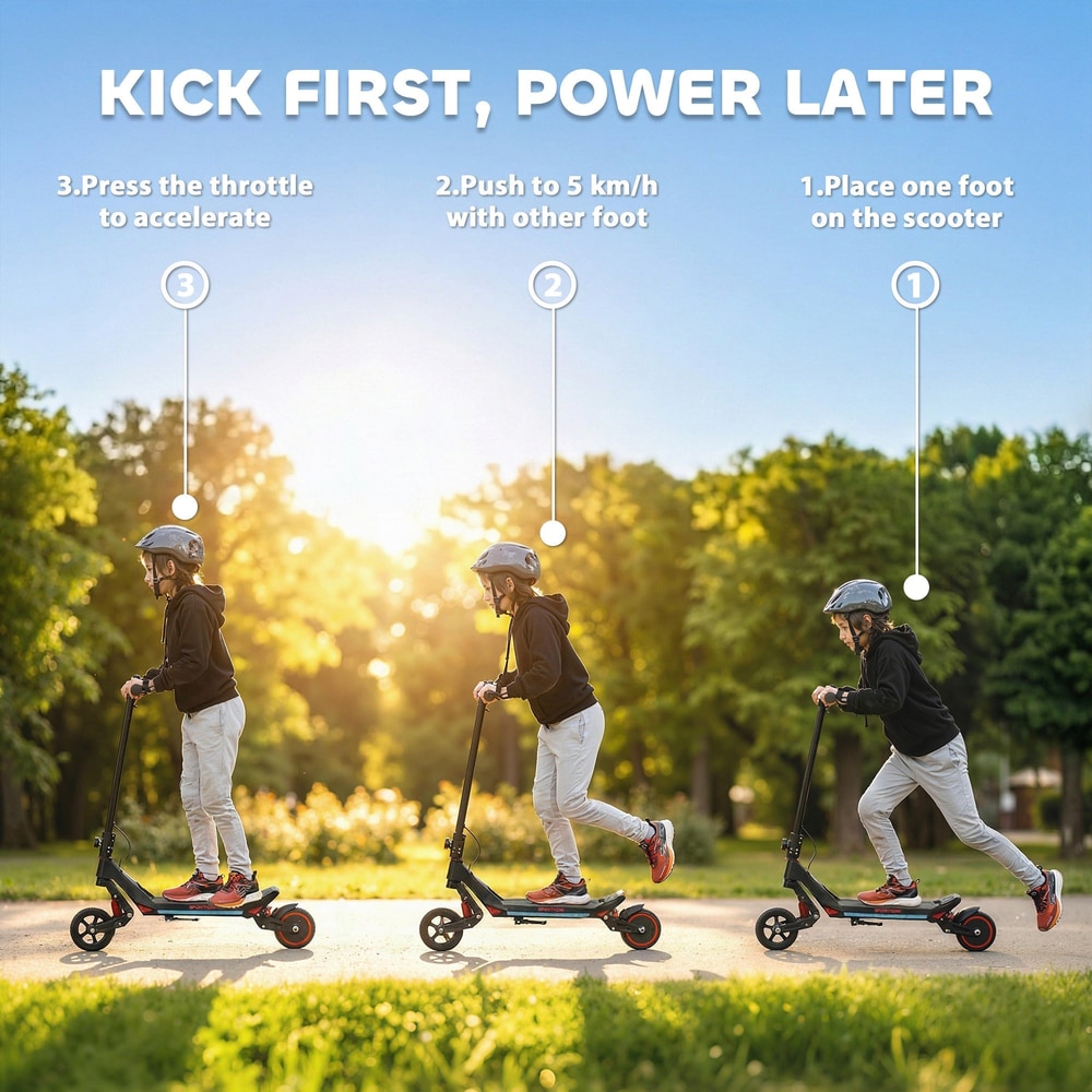 Three stages of a child learning to ride the black foldable e scooter