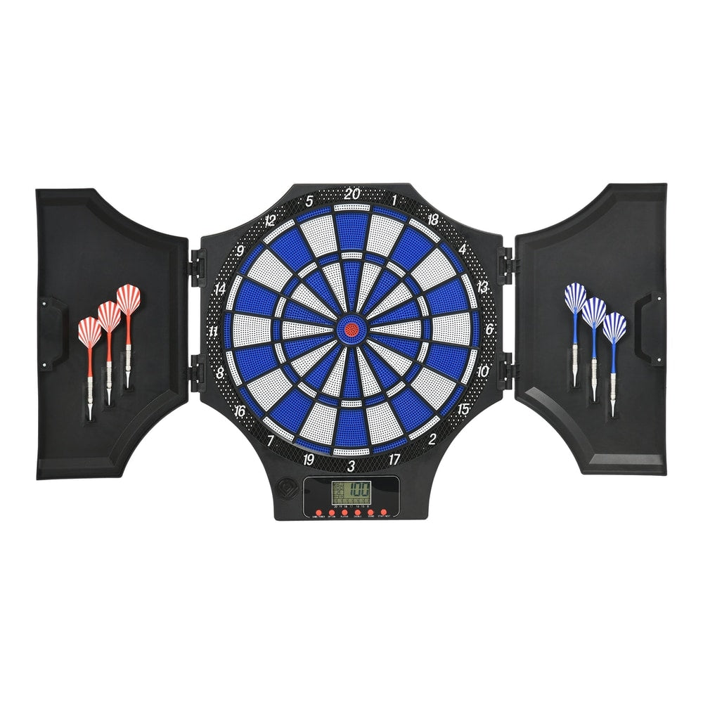 SPORTNOW Electronic Dartboard Set with open cabinet doors and six darts stored on the side panels