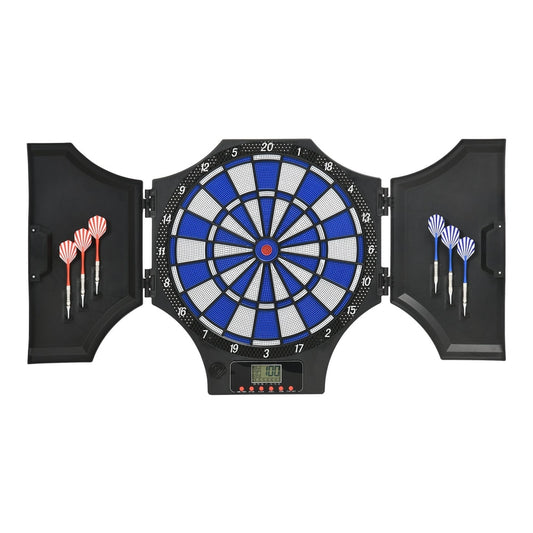 SPORTNOW Electronic Dartboard Set with open cabinet doors and six darts stored on the side panels