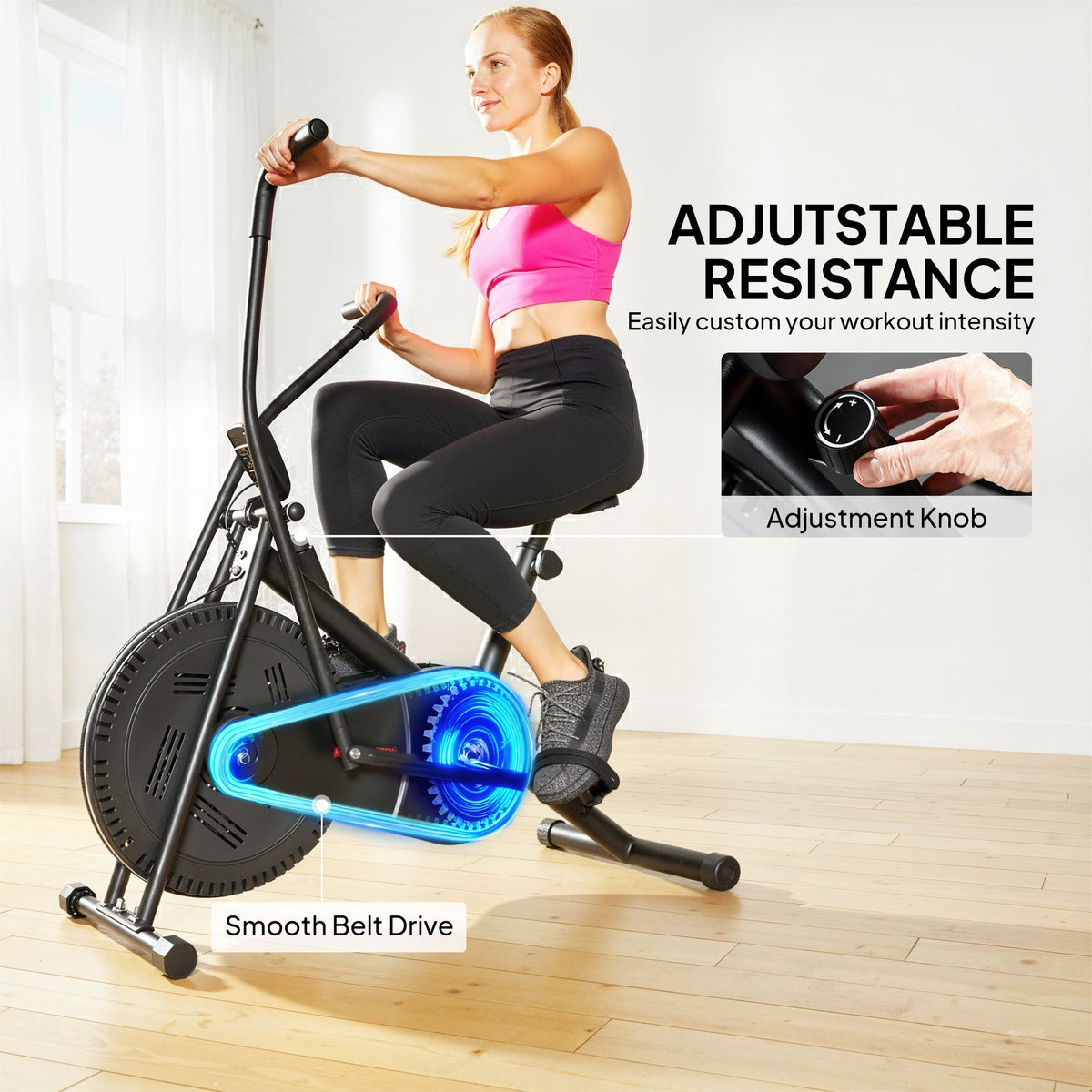 Close up of the exercise bike showing the smooth belt drive and adjustable resistance knob