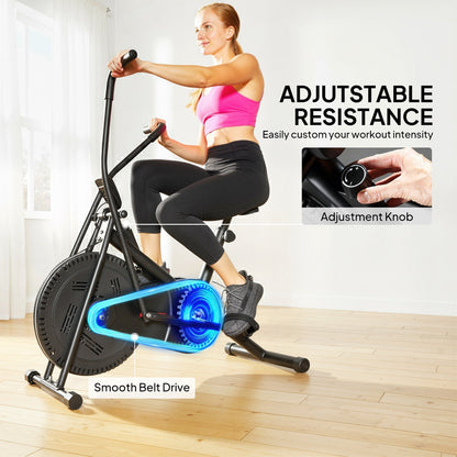 Close up of the exercise bike showing the smooth belt drive and adjustable resistance knob