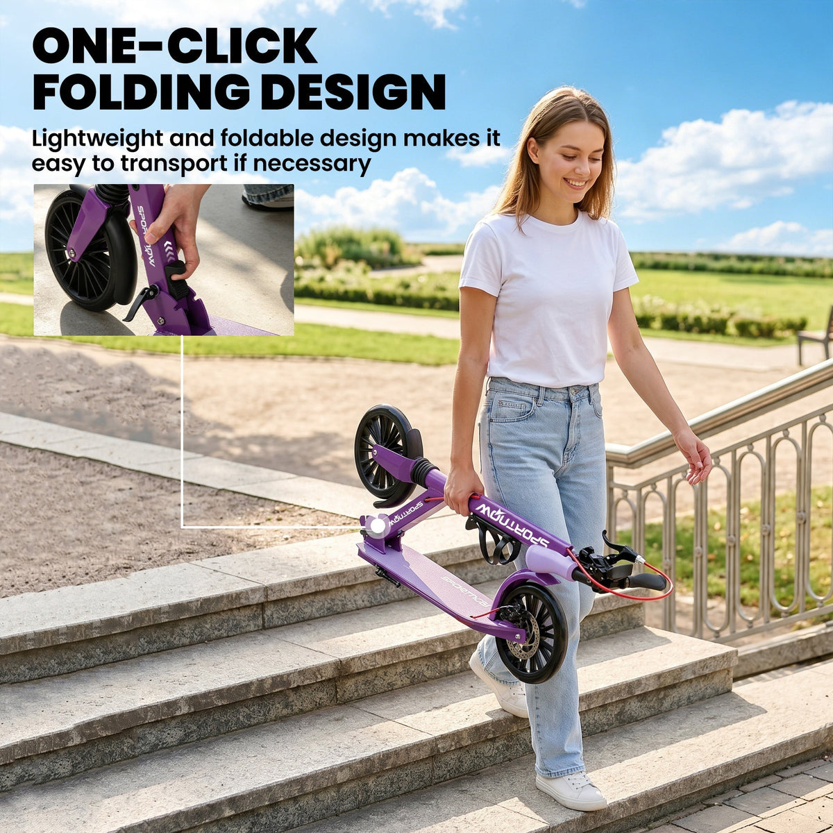 A woman carrying the folded kick scooter while walking down a set of outdoor stone steps
