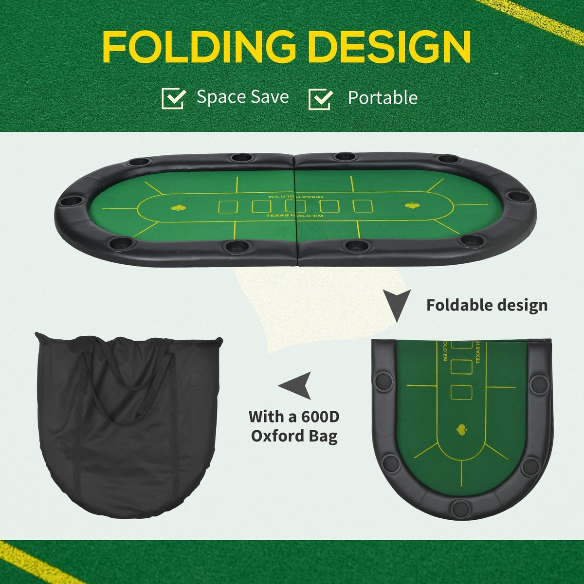 The green poker table top folded in half next to its carry bag, showing the folding design