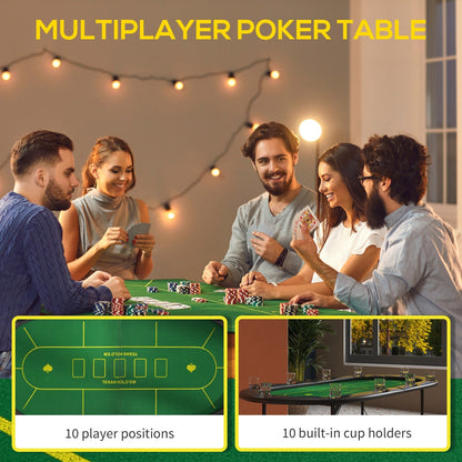 A group of people playing poker at the multiplayer poker table with built-in cup holders