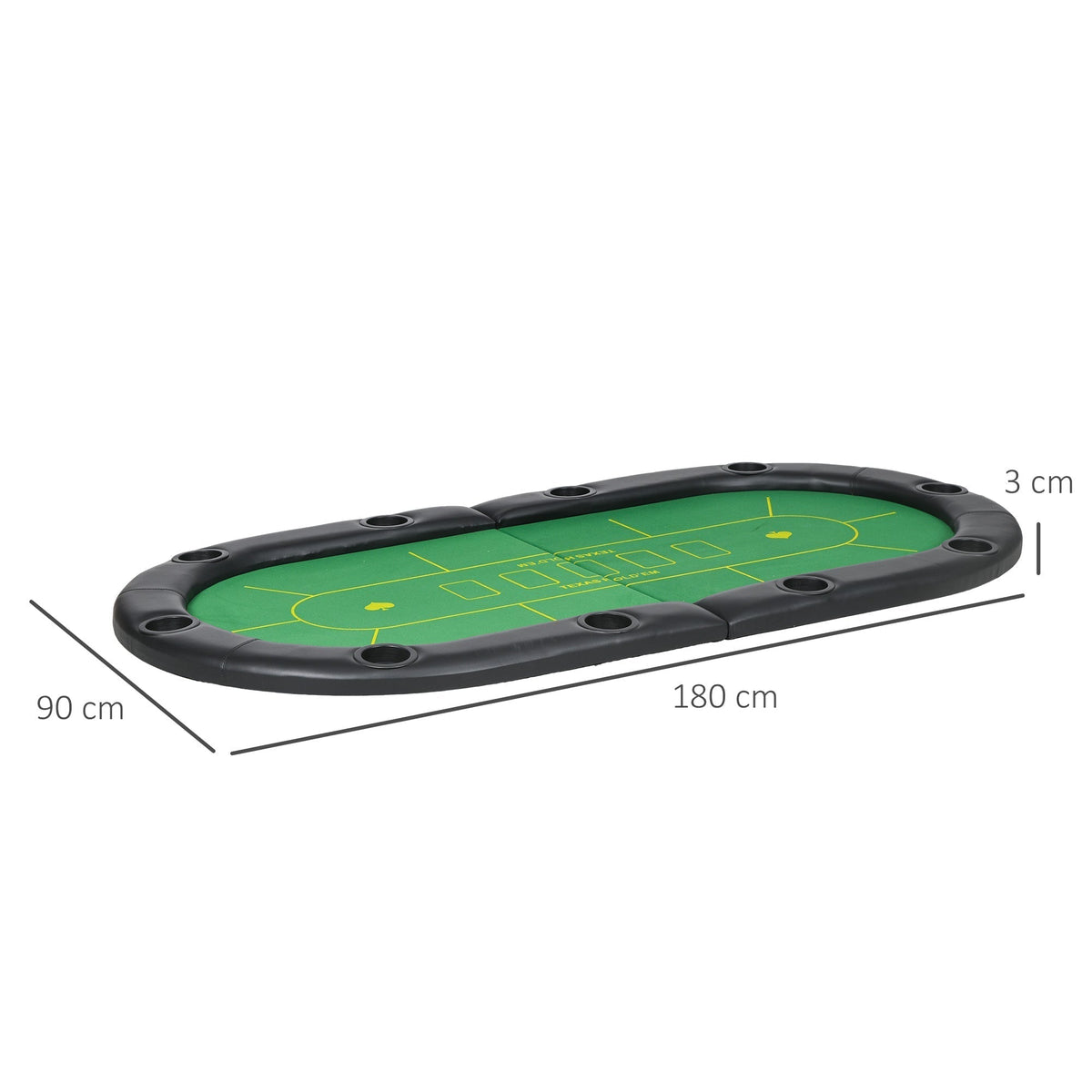 The green poker table top with black padded edges and cup holder spaces shown with dimensions