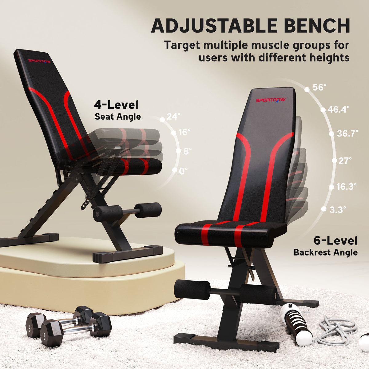 Adjustable weight bench with multiple seat and backrest angles for exercise