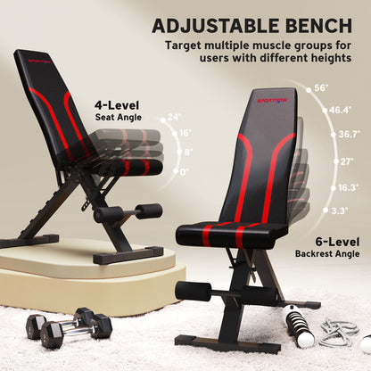 Adjustable weight bench with multiple seat and backrest angles for exercise