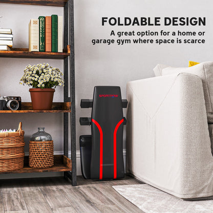 Foldable weight bench stored upright next to a sofa, saving space