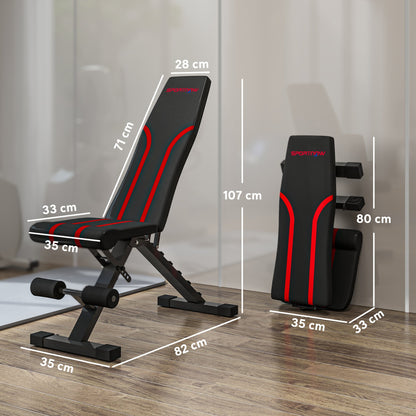 Foldable weight bench with dimensions shown for height, width and depth