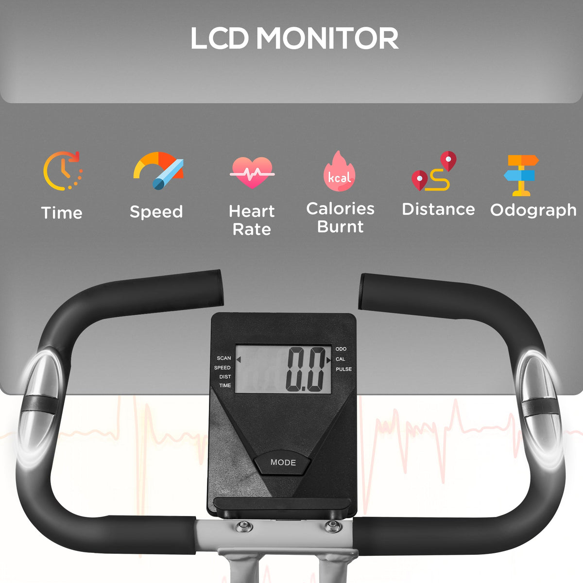 Close up of the digital monitor showing workout stats and heart rate sensor handles