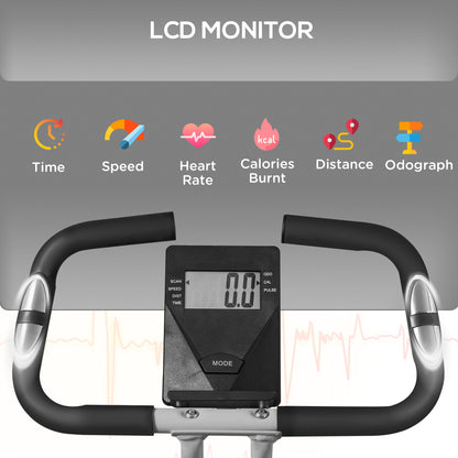 Close up of the digital monitor showing workout stats and heart rate sensor handles