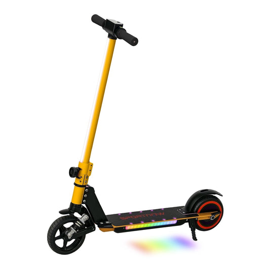 SPORTNOW Folding Electric Scooter for Kids, a yellow and black electric scooter with colourful LED lights on the deck