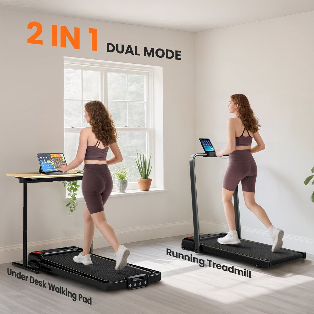 Two women using the black treadmill, one under a desk and the other as a running treadmill